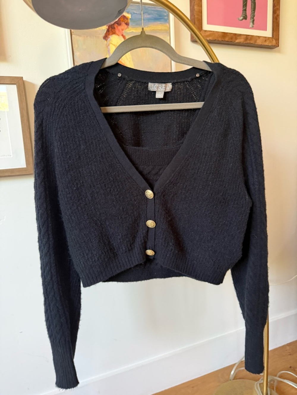 J. Crew Black Cropped V-Neck Cardigan with Gold Buttons and Matching Tank